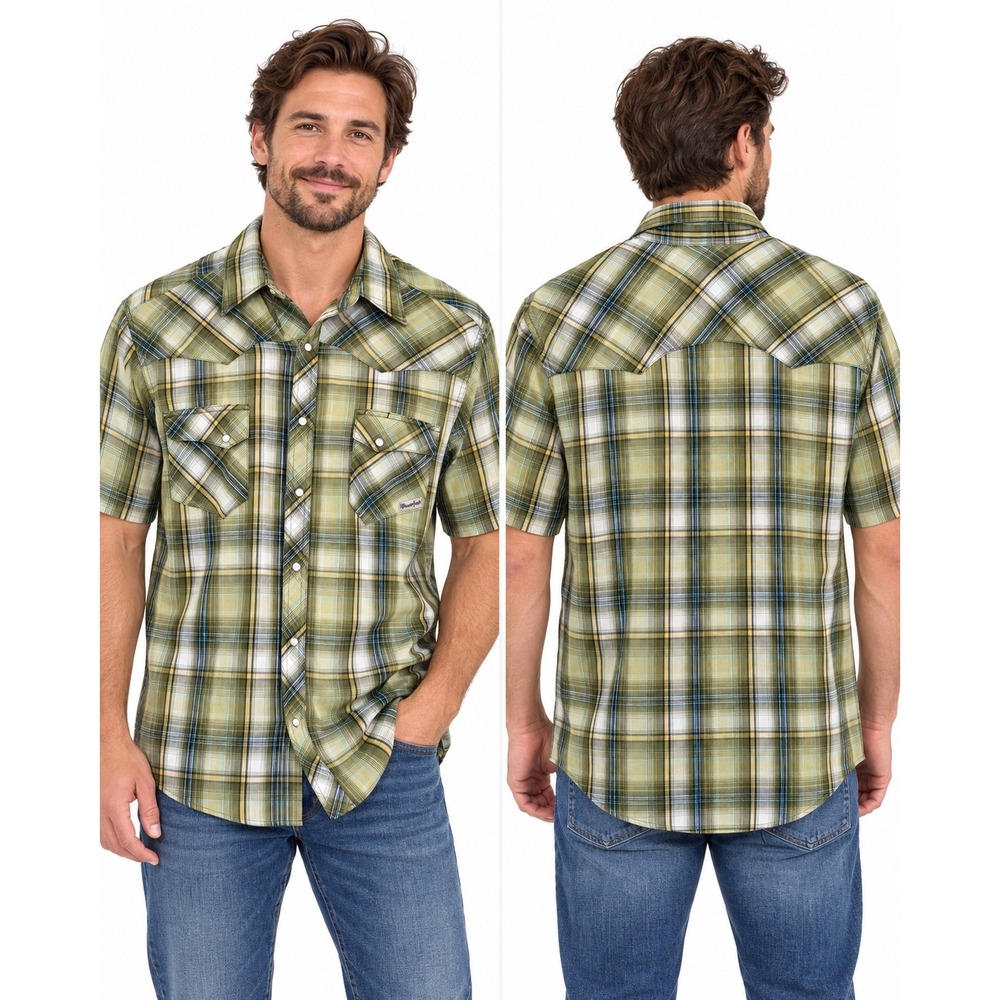 Wrancher by Wrangler Mens Green Plaid Western Pearl Snap Short Sleeve Shirt L